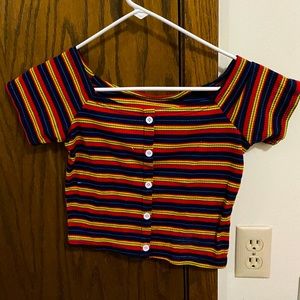 Cropped striped semi-off-shoulder t-shirt